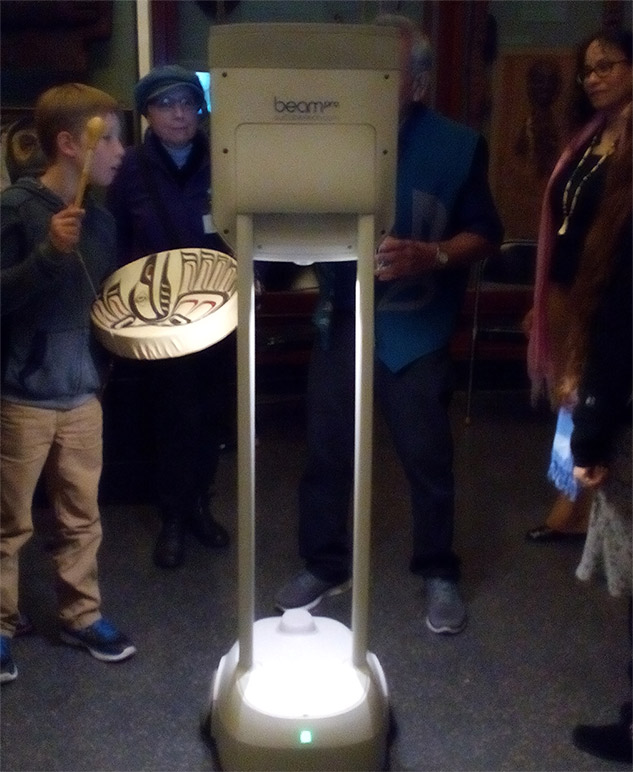 Museum visitors and a telepresence robot.